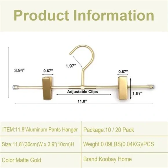 Gold Aluminum Skirt Hangers 2-Adjustable ClipsClothes Hangers, Pack of 10 Closet Accessories